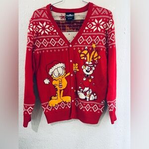 Garfield and Odie Christmas Ugly Sweater Adults Button-Up Knit Cardigan L